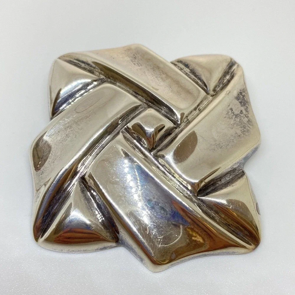 Taxco Mexico Vintage 925 Sterling Silver Large Twisted Square Heavy Brooch Pin